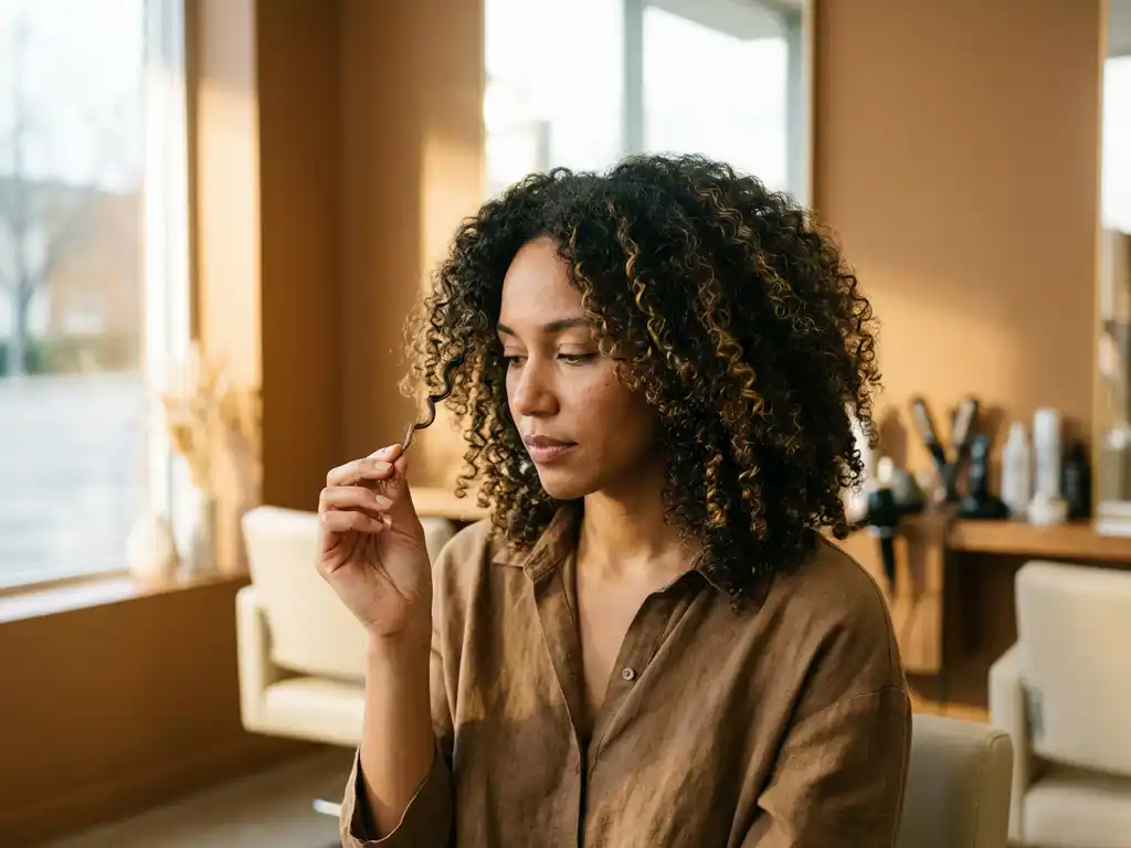Vrouw met natuurlijke krullen bekijkt een lok tussen haar vingers, gouden highlights in donkerbruin haar, zacht middaglicht in minimalistische salon.