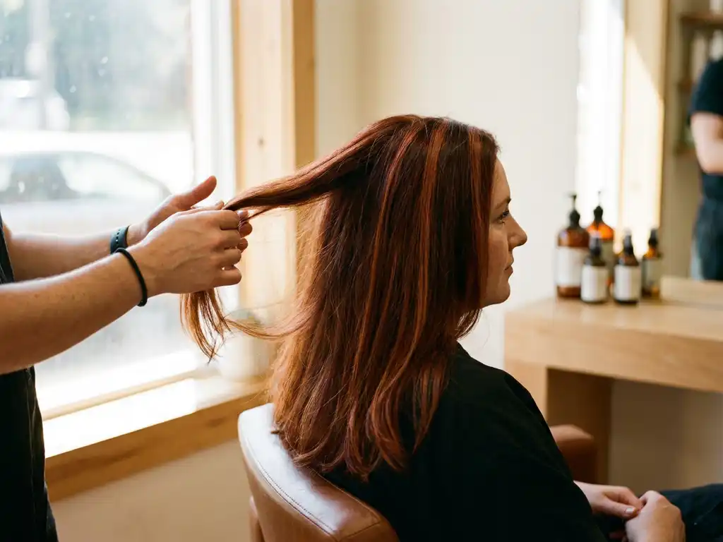 Stylist checks copper tones in freshly dyed chestnut brown hair, warm salon lighting in the background.