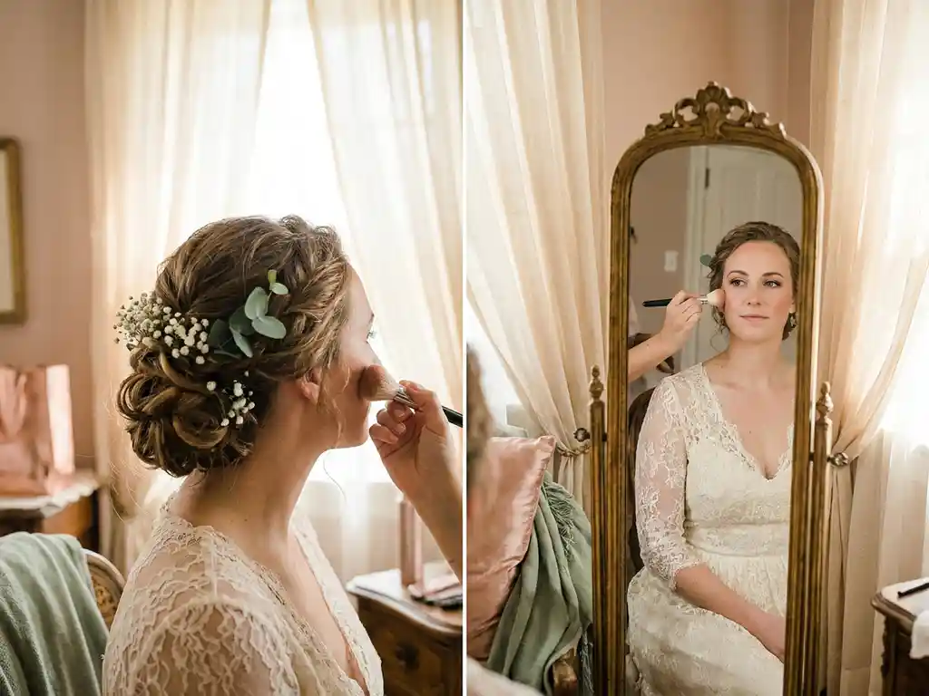 Bride with baby breath in her hair looks in a golden mirror while a makeup artist applies blush in the sunlight in the bridal suite.