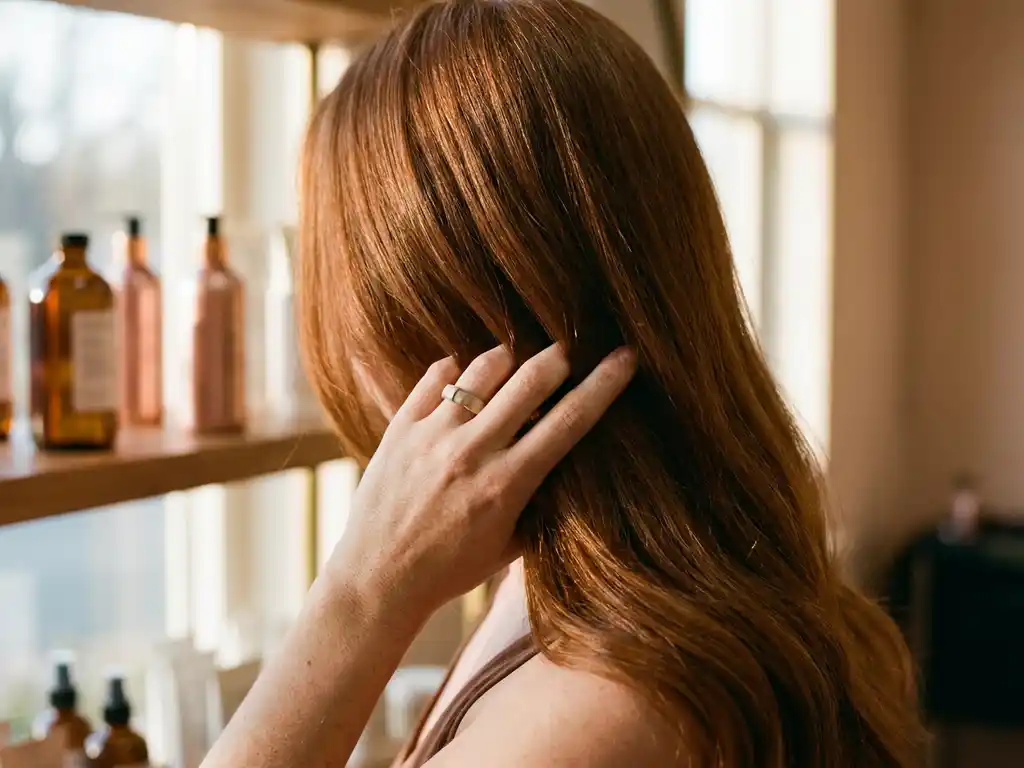 Hand strijkt door glanzend kastanjebruin geverfd haar met premium haarverzorgingsproducten op de achtergrond in warme salonsfeer.