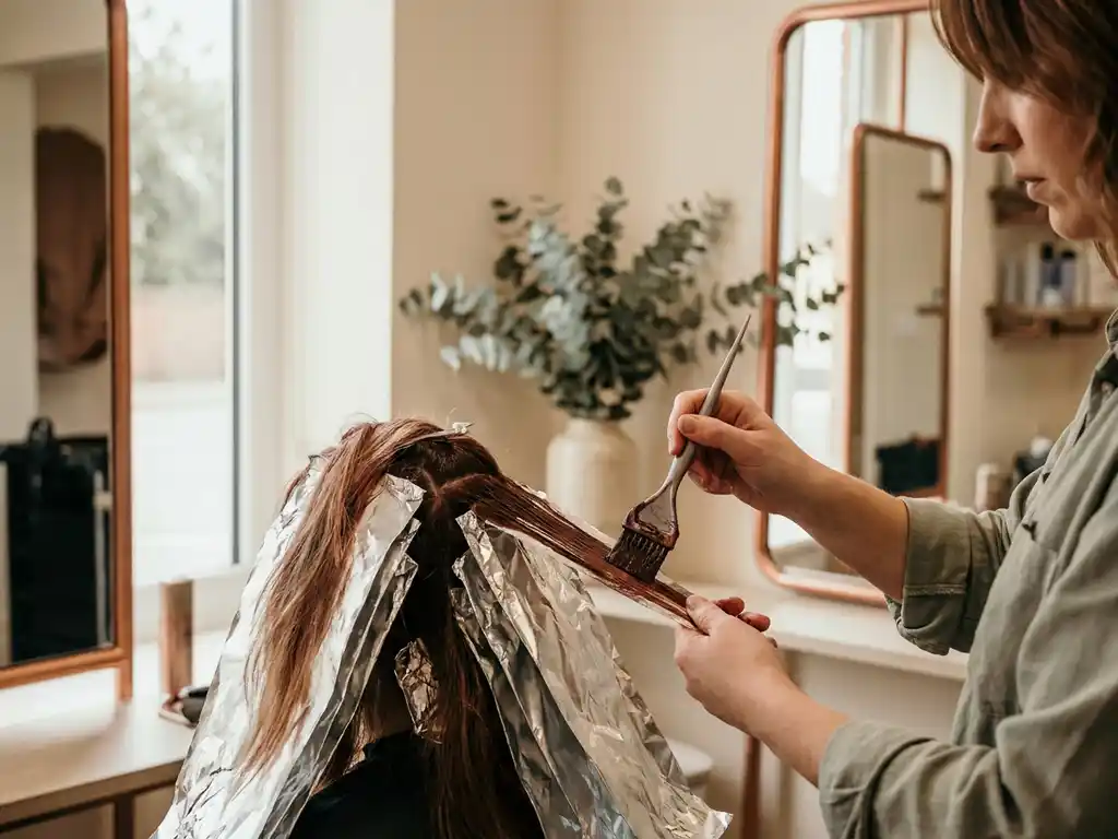 Hairdresser applies chestnut brown hair dye with a precision brush to sectioned hair, foils, and eucalyptus in a warm salon atmosphere.