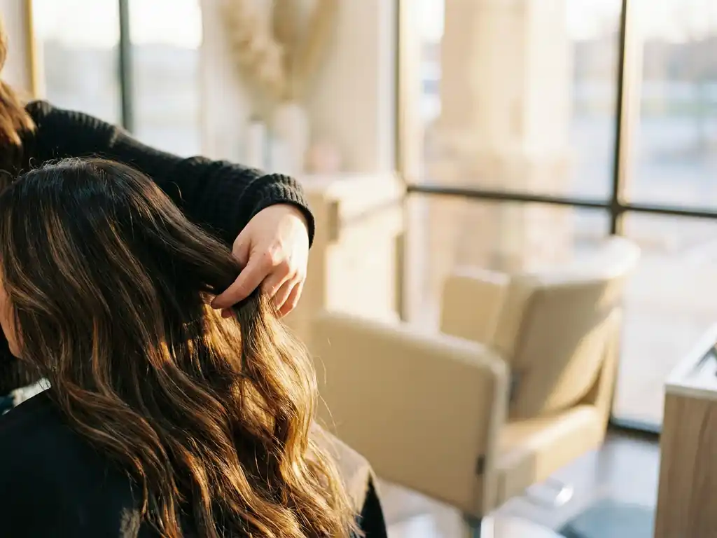 Stylist hands through long hair extensions that blend seamlessly into natural brown hair, warm salon lighting with caramel and chestnut tones.