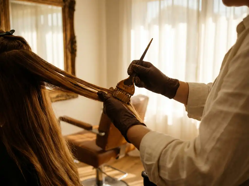 Handen van kapper brengen karamelkleurige haarverf aan op kastanjebruin haar met precisiekwast in salon met zachte middaglicht.