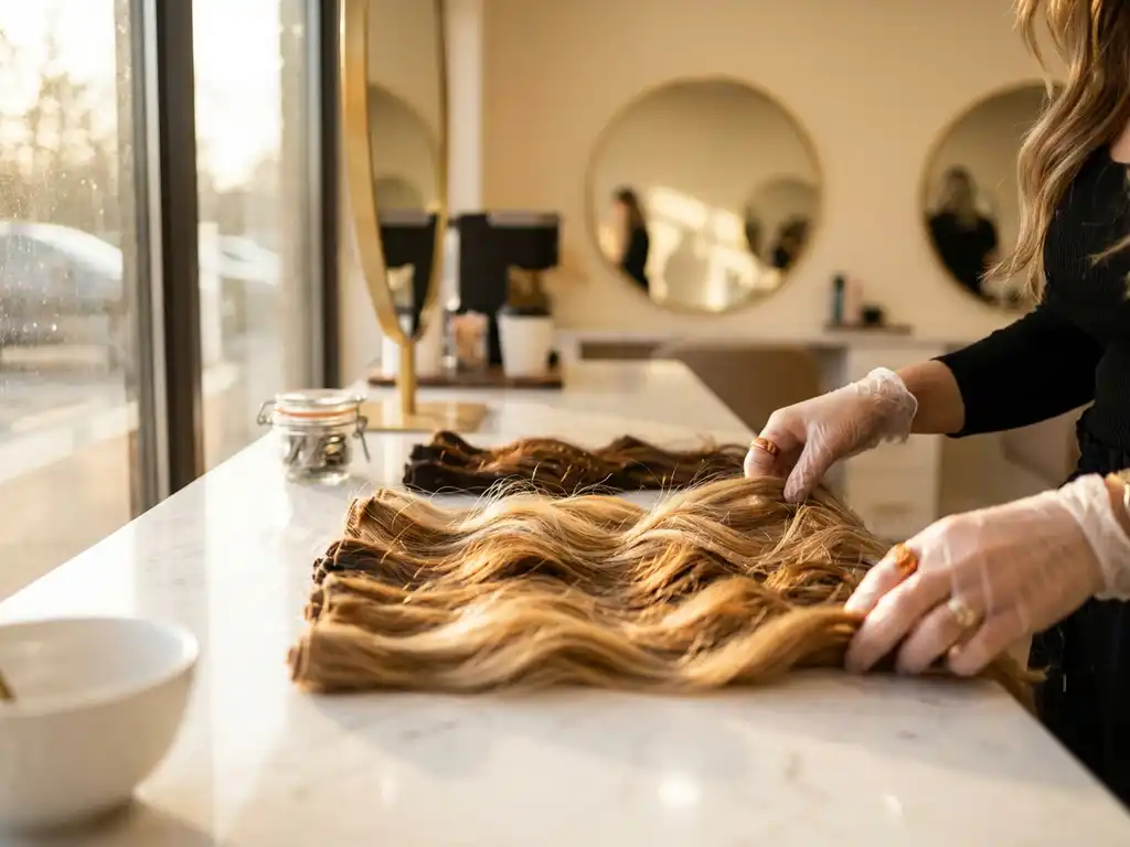 A stylist's hands spread luxurious hair extensions in blonde and brown shades on a white marble coffee table in warm light.